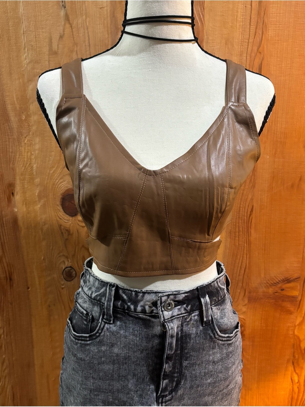 Leather Crop Tank Top in Brown